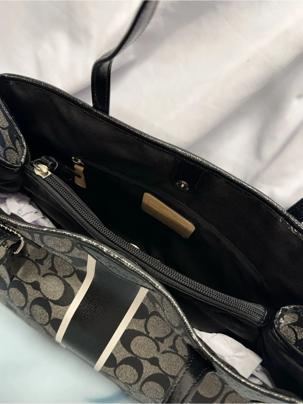 (new+tag) Coach Signature Drawstring Monogram Tote with Black Varsity Stripe